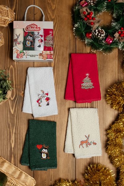 DNZGÜLCAN New Year's Set of 4 Kitchen Towels |   Hand Towel Set |   Drying Cloth 30X50 cm