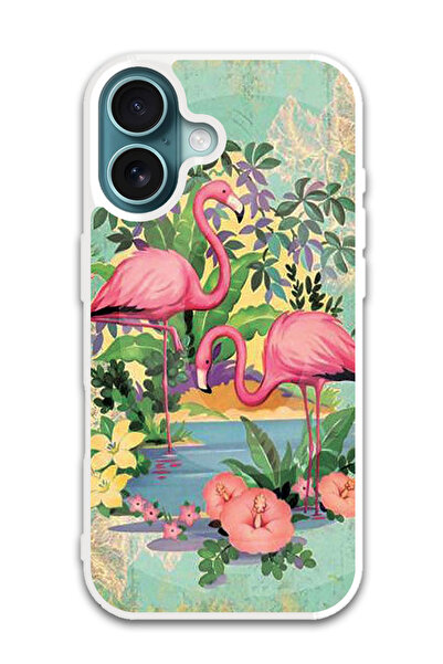 Theodor غطاء حماية لجهاز أبل آيفون 16 بطبعة طيور النحام الوردي (مصد أبيض)