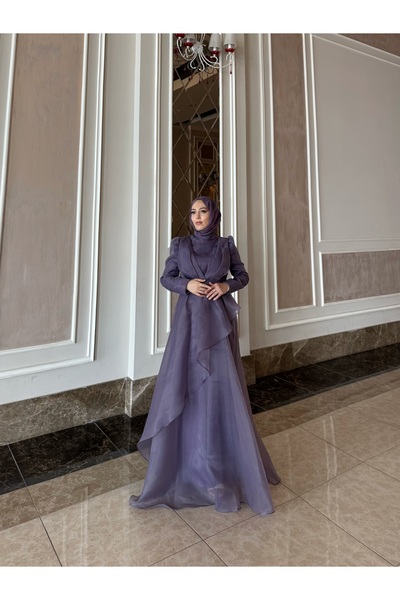 MERVEPLUME Asimetrik Şifon Tül Katlı Prenses Tesettür Abiye Elbise Lila Kadın Düğün Nişan Davet Elbisesi