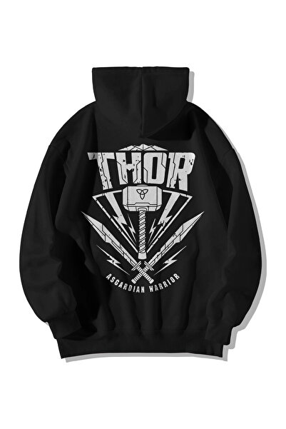 Harajuku Style Siyah Kadın Erkek Oversize Kapşonlu Kanguru Cepli Thor Baskılı...