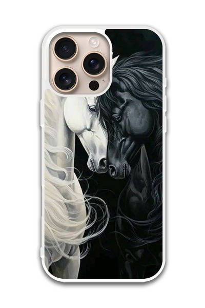Theodor غطاء حماية لجهاز أبل آيفون 16 برو، حصان أسود وأبيض (مصد أبيض)