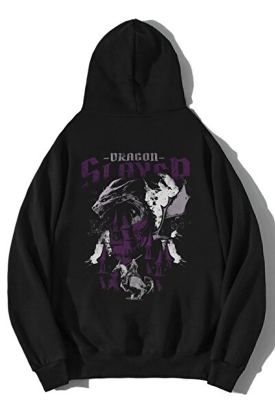 Harajuku Style Unisex Μαύρο Oversize Φούτερ με στάμπα Dragon Slayer και κουκούλα