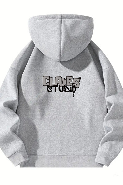 CLAYES Unisex Fermuarlı Kapüşonlu Oversize Baskılı Sweatshirt – Siyah / Lacivert / Gri