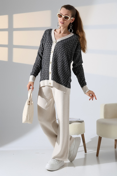 ALCHON V-Neck Long Sleeve Jacquard Panel Button Soft Textured Cardigan Straight Pipe Leg Pants Double Knitwear Suit