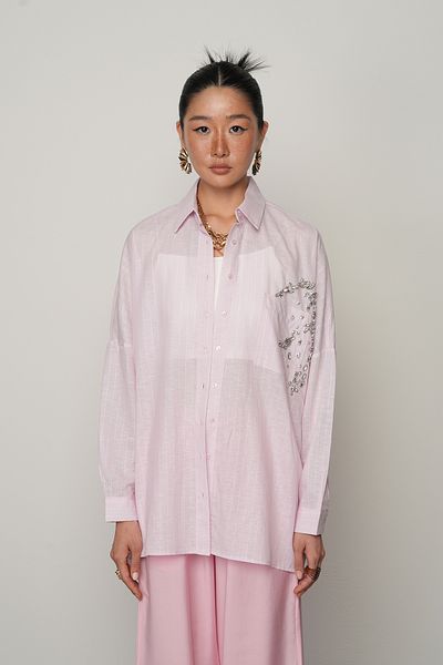 Orfeo Negro Women's Single Pocket Stone Embroidered Pink Color Oversize Shirt