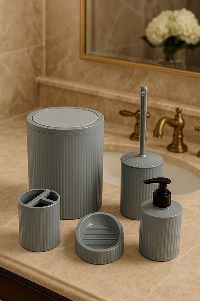 MAKRİ HOME 5 Piece Stylish Gray Bathroom Set, Volume: 6 Liters