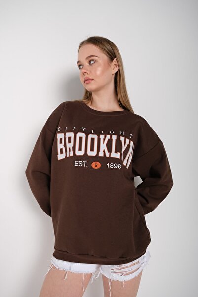 Harajuku Style Γυναικείο φούτερ σε καφέ χρώμα oversize με στάμπα Brooklyn Cit...