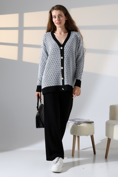 ALCHON V-Neck Long Sleeve Jacquard Panel Button Soft Textured Cardigan Straight Pipe Leg Pants Double Knitwear Suit