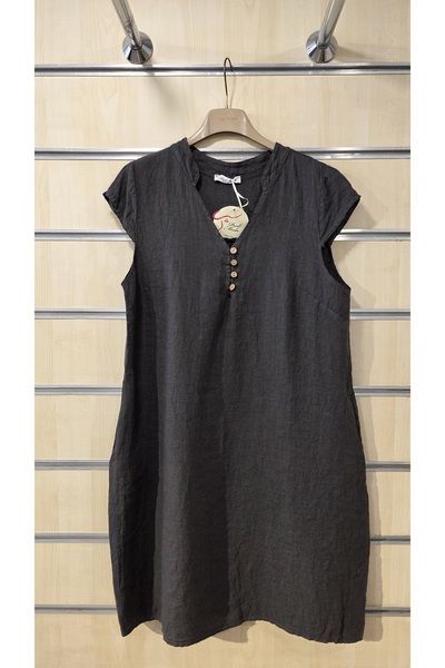 Park Moda Short Linen Dress Short Sleeve Button Detail