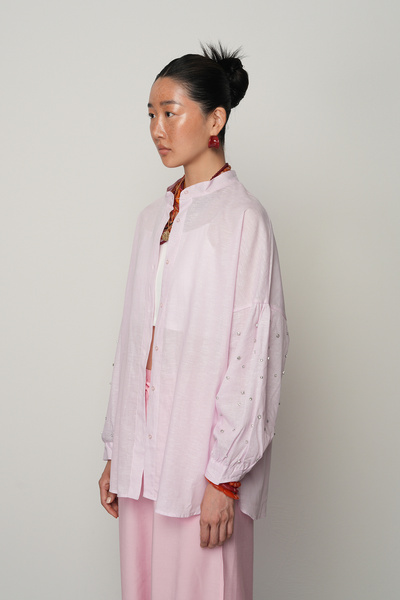 Orfeo Negro Women's Sleeves Stone Embroidered Judge Collar Pink Shirt