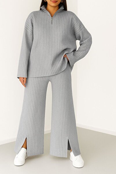 The Velavois Women's Zipper Detailed Knitwear Bottom Top Set