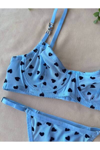 HappyZEY New Season Sarah Model Love Written Mini Heart Patterned Tulle Flexible Brode Bra Set