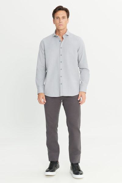 ALTINYILDIZ CLASSICS Men's Gray Slim Fit Narrow Cut Classic Collar Cotton Dobby Shirt