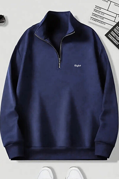 CLAYES 3'lü Fermuarlı Dikyaka Sweatshirt Seti -FLİGHT Baskılı- Siyah, Lacivert, Gri