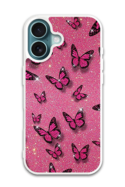 Theodor غطاء حماية لهاتف أبل آيفون 16 بلس بنقشة فراشات وردية (مصد أبيض)