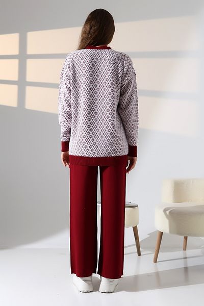 ALCHON V-Neck Long Sleeve Jacquard Panel Button Soft Textured Cardigan Straight Pipe Leg Pants Double Knitwear Suit