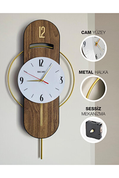 Racart Cam Yüzeyli Metal halkalı Ahşap Görünümlü Duvar Saati