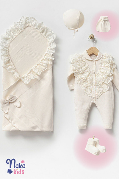 Naka Concept 100% Cotton Baby Girl 5-Piece Hospital Discharge Set – Blanket Cream with Lace and Ruffle Detail