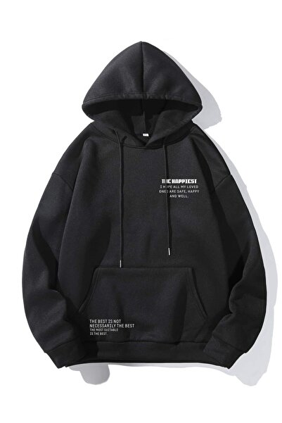Harajuku Style Unisex Μαύρο Φούτερ με στάμπα The Happiest