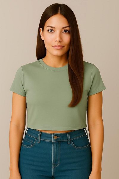 Seamoda Crew Neck Short Sleeve Crop Rib Tshirt Nile Green