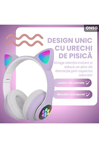 YETI Sunix Cat Ears Kids Bluetooth Headphones, LED, Wireless, Microphone, Foldable, Purple