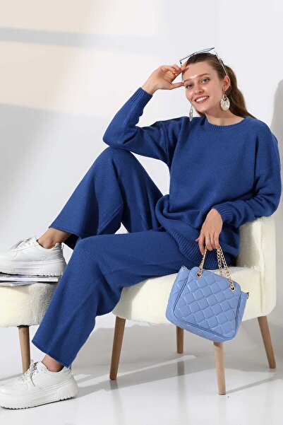 ALCHON Круглий велосипедний комір, довгі рукави, прямий базовий светр, еластичний пояс, штани з трубоподібними штанинами, двокомпонентний трикотажний комплект