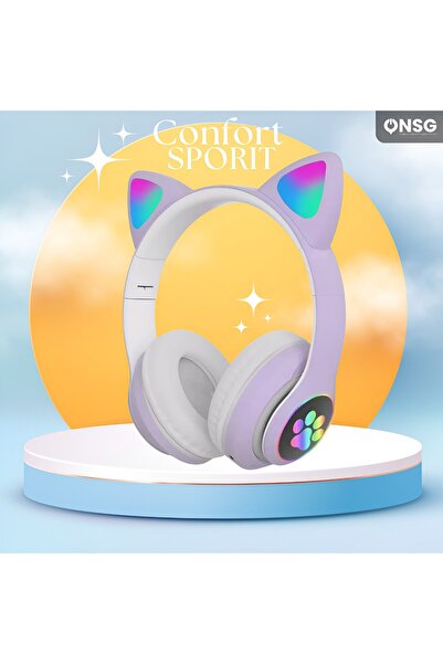 YETI Sunix Cat Ears Kids Bluetooth Headphones, LED, Wireless, Microphone, Foldable, Purple