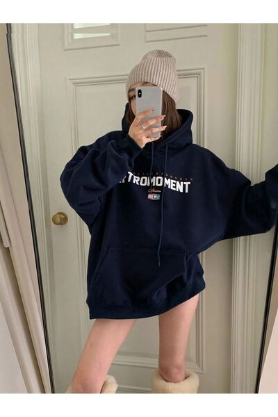 Harajuku Style Γυναικεία κουκούλα με στάμπα σε μπλε ναυτικό χρώμα Retromoment...