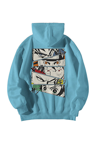 Harajuku Style سترة بغطاء للرأس كبيرة الحجم للجنسين باللون الأزرق الفاتح مع ج...