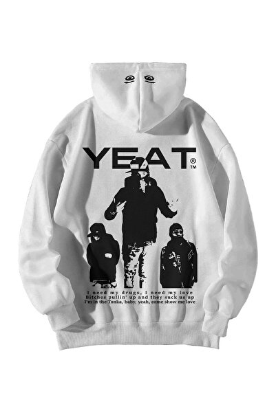 Harajuku Style Women Men White Yeat Printed Oversize Hoodie with Kangaroo Pocket