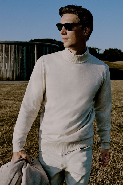 ALTINYILDIZ CLASSICS Men's Beige Cotton Standard Fit Regular Cut Half Turtleneck Knitwear Sweater