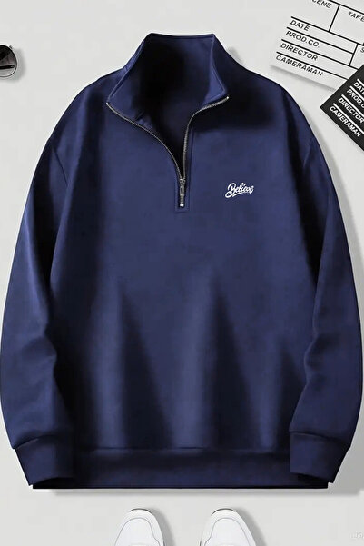 CLAYES Σετ 3 φούτερ Dikyaka με φερμουάρ -BELİEVE Printed- Μαύρο, Navy Blue, Γκρι