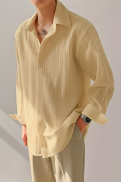 Tarz Cool Erkek Bej Bürümcük Slim Fit Gömlek Yaka Uzun Kollu Gömlek