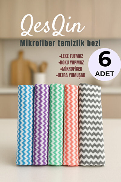 QesQin 6’lı Mikrofiber Temizlik Bezi – Yumuşak Dokulu, Leke Tutmaz, İz Bırakmaz
