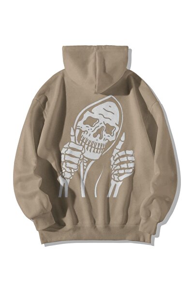 Harajuku Style Hanorac crem unisex supradimensionat cu buzunar cangur, cu imp...