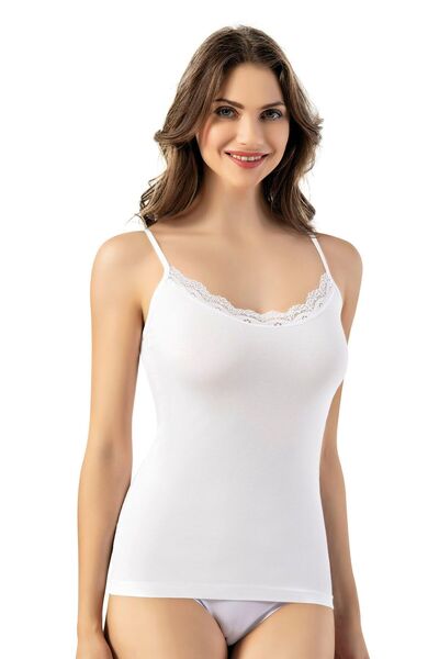 Sereia Women's Lace Collar Detail Cotton Solid Style Thin Strap White Singlet Single - White - Sreiakoi-6M01Q9-Be