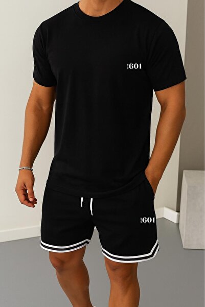 CAST COLLECTİON Men's Black Slim Fit Oval Skirt Tshirt Black Extraforlu Shorts No601 Printed Set