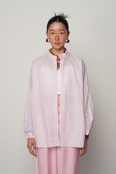 Orfeo Negro Women's Sleeves Stone Embroidered Judge Collar Pink Shirt