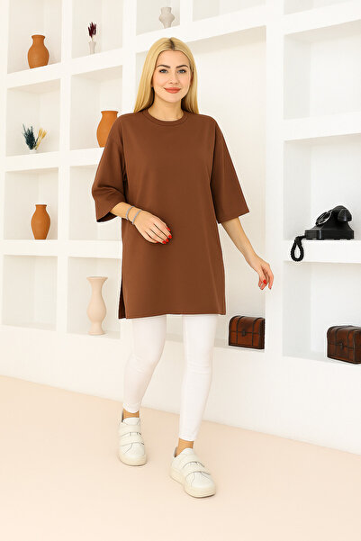 nacar çarşı Kadın Kahverengi Oversize Tunik Tişört – Yarım Kollu, Yuvarlak Yaka, Rahat Kesim