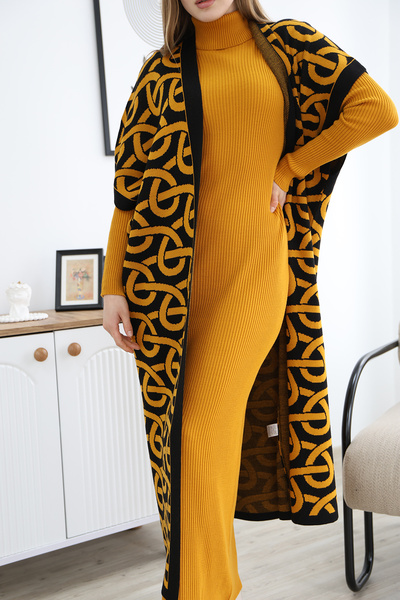 ALCHON Turtleneck Long Sleeve Ribbed Stripe Patterned Dress Jacquard Paneled Ankle Length Vest Double Knitwear Set