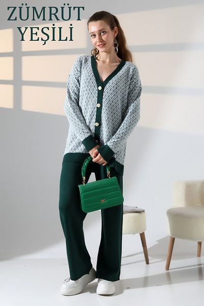 ALCHON V-Neck Long Sleeve Jacquard Panel Button Soft Textured Cardigan Straight Pipe Leg Pants Double Knitwear Suit