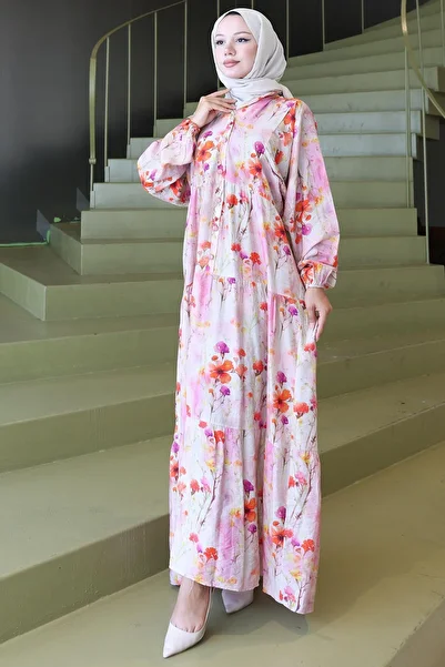 hafsamina Floral Dress with Elastic Sleeves Lilac Hm2793