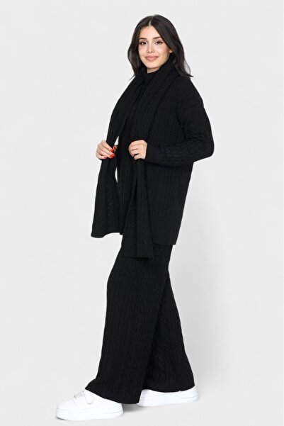 NEWCO Loose Cut Scarf Detail Pants and Long Sleeve Knitwear Set with Stylish and Comfortable Design