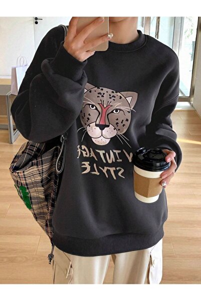 Harajuku Style Women's Dark Smoked Vintage Style Printed Crew Neck