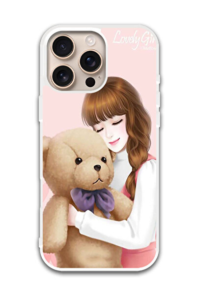 Theodor غطاء حماية لهاتف أبل آيفون 16 برو، فتاة جميلة مع دب (مصد أبيض)