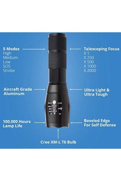 OEM Professional tactical LED flashlight, adjustable focus, 5 lighting modes, 800 M range, Black