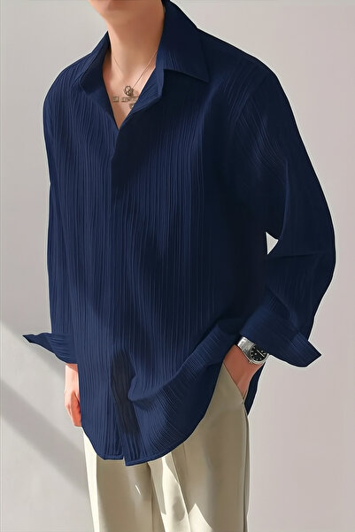 Tarz Cool Erkek Lacivert Bürümcük Slim Fit Gömlek Yaka Uzun Kollu Gömlek