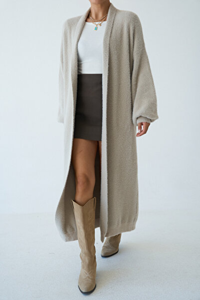 LOOSH Kadın Taş Rengi Şal Yaka Dokulu Balon Kol Uzun Salaş Hırka