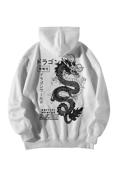 Harajuku Style Women Men White Dragon Printed Oversize Hoodie with Kangaroo P...