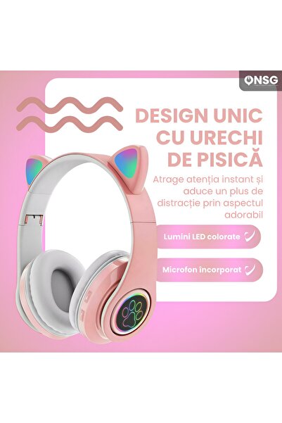 YETI Sunix Kids Bluetooth Headphones Cat Ears, LED, Wireless, Microphone, Foldable, Pink